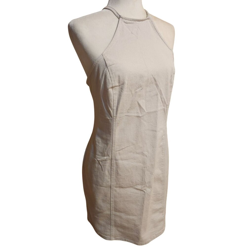 H&M Divided Women’s XL Beige Denim Halter Mini Dress Side Zip Y2K Style NWT - Picture 3 of 11